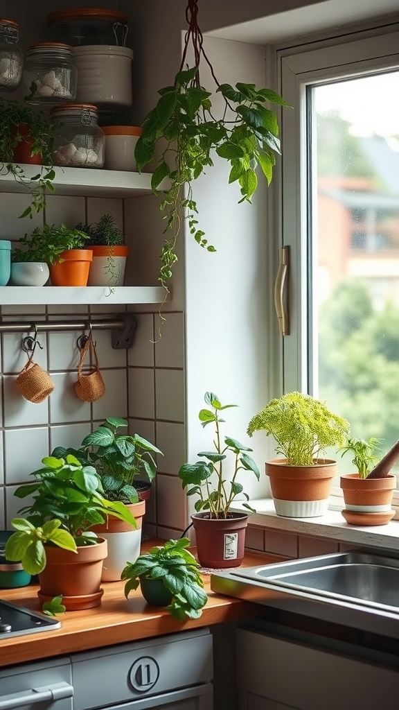 A small kitchen with various plants on the counter and shelves, creating a fresh and warm environment.