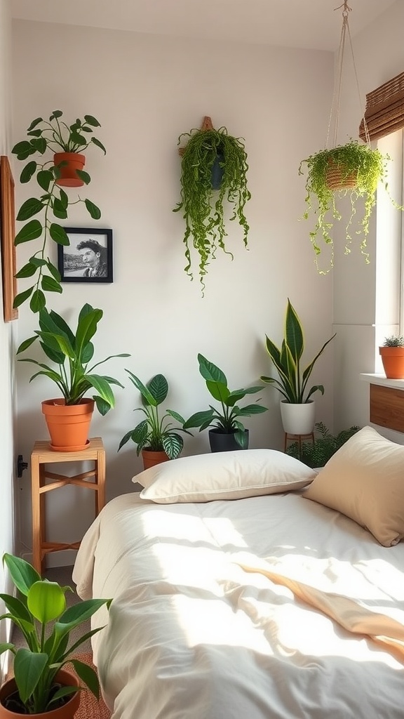 A cozy bedroom with various plants enhancing the space.