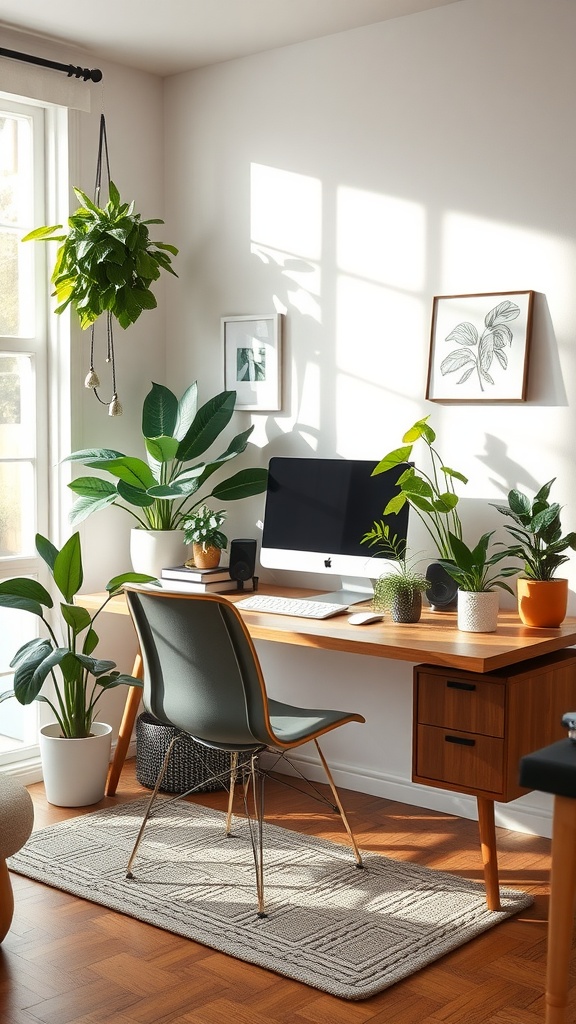A bright home office with various indoor plants, a desk, and a computer.