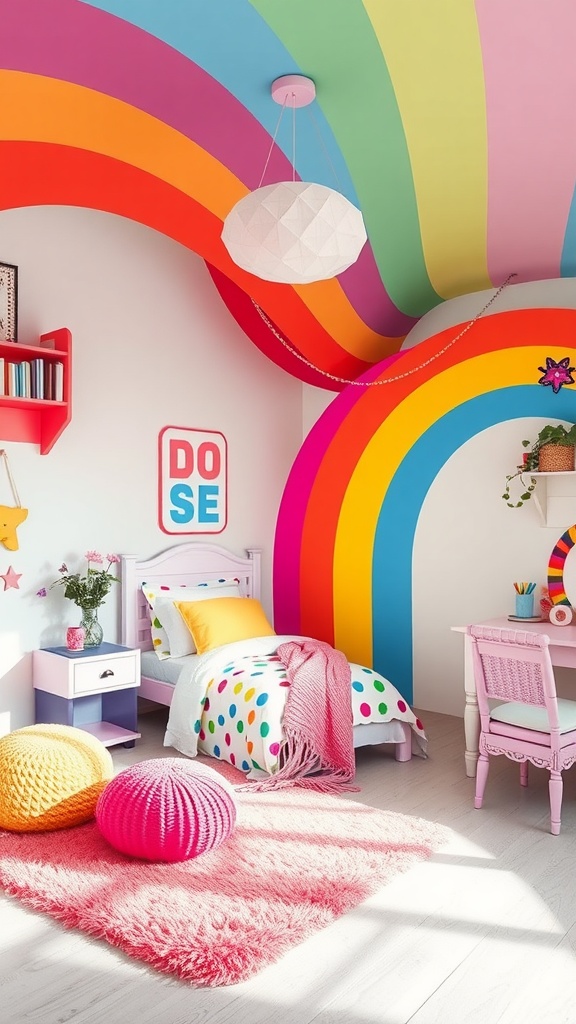 A colorful girl's bedroom with a rainbow ceiling, polka dot bedding, and bright decor.