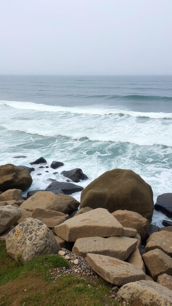 Large rocks along a coastal landscape with waves crashing in the background.
