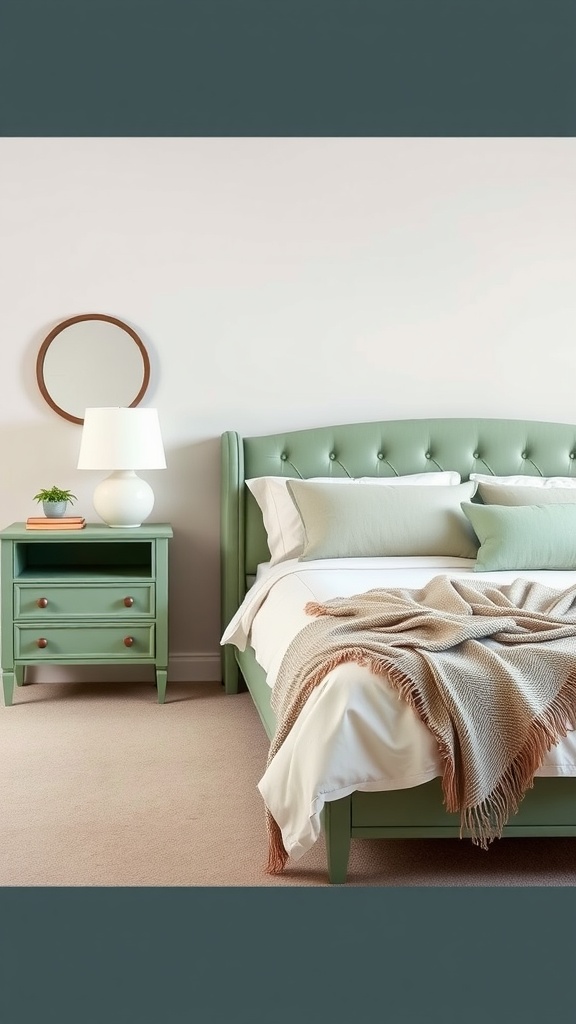 A sage green bedroom featuring a tufted bed frame, matching nightstand, and cozy throw blanket.