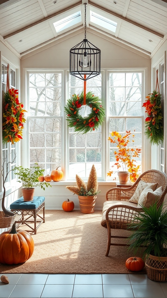 A cozy sunroom decorated for autumn with pumpkins, plants, and wreaths