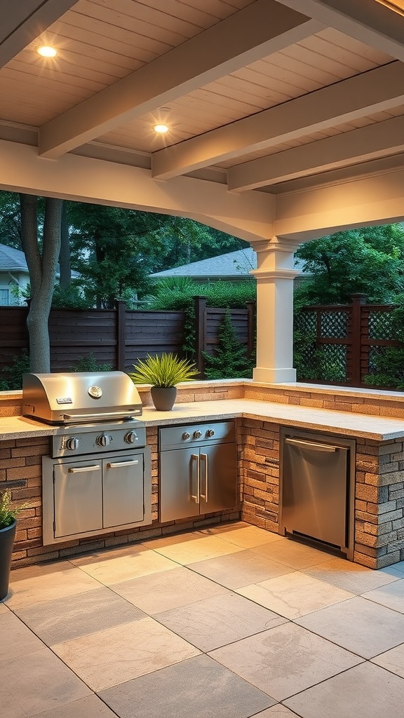 Modern outdoor kitchen with stainless steel appliances and ambient lighting.