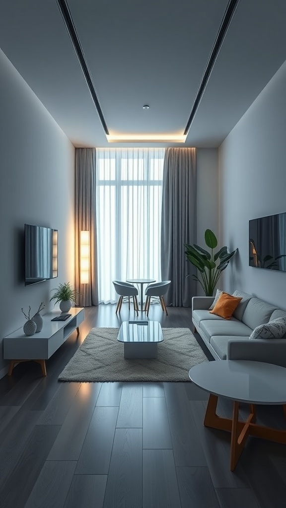 A minimalist apartment featuring a stylish living area with modern furniture, large windows, and smart technology elements.