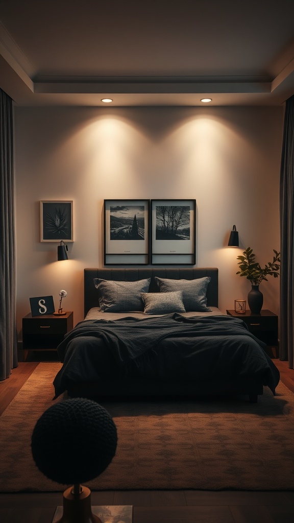 A cozy black and brown bedroom with soft lighting, featuring a bed with textured pillows, framed artwork, and warm lamps.