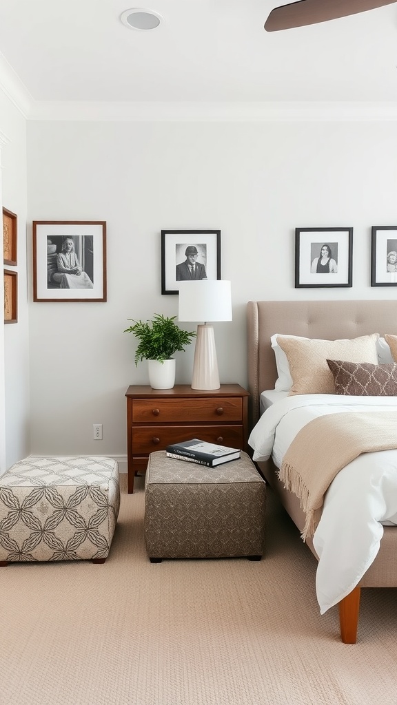 Small bedroom with two decorative ottomans at the foot of the bed.
