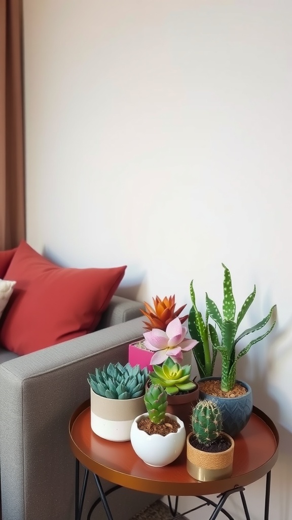 A cozy living room with a side table displaying various colorful succulents and a gray couch with red cushions.