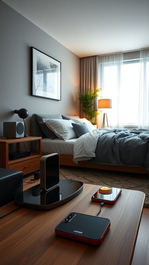 A cozy modern bedroom featuring a bedside table with a wireless charging station, speaker, and a potted plant, showcasing a blend of technology and comfort.