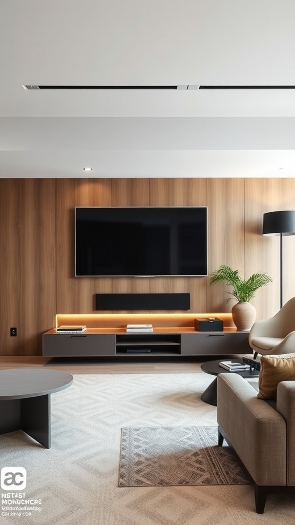 Modern living room with a sleek TV and stylish media console against a wooden wall.