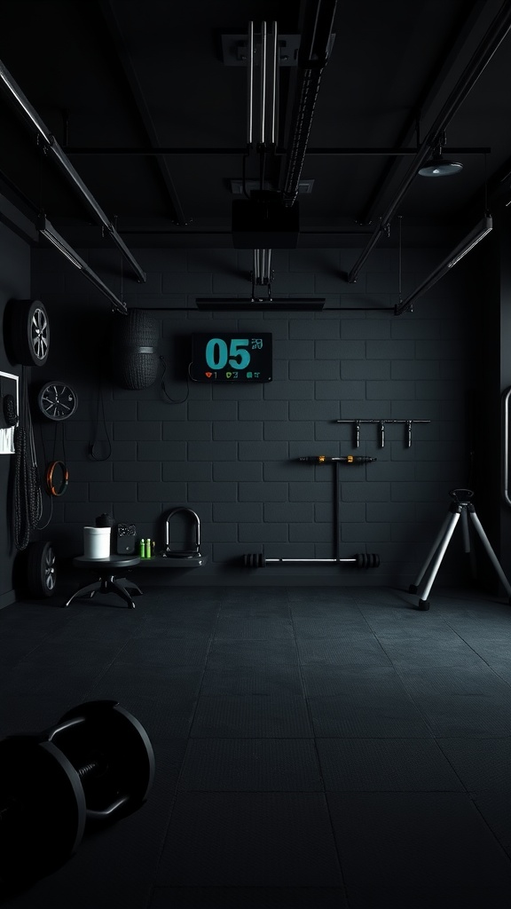 A modern black garage gym featuring a digital display, weights, and a minimalist design.