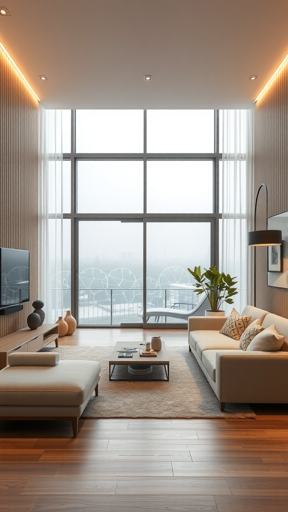 A modern Korean living room with large windows, sleek furniture, and a blend of technology and nature.