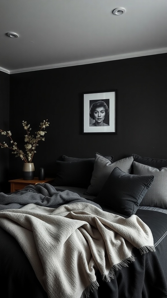 A cozy black bedroom featuring a bed with various textured fabrics, including pillows and a throw blanket, and a framed portrait on the wall.