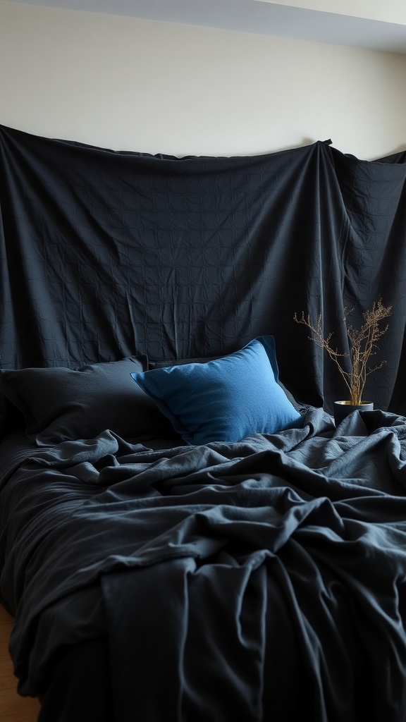 A cozy black and blue bedroom featuring layered fabrics and a decorative vase.