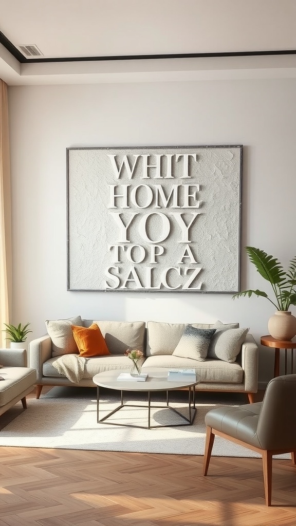A stylish living room featuring textured wall art with raised letters on a soft background, complemented by a cozy sofa and warm wood accents.