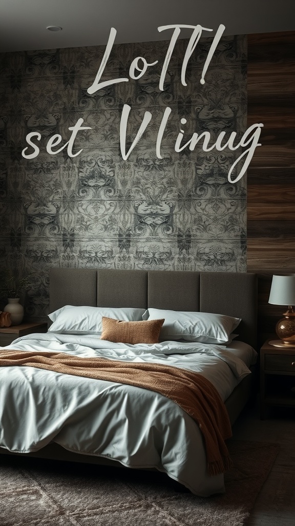 A cozy bedroom with a textured wall featuring intricate patterns, complemented by soft bedding and wooden accents.
