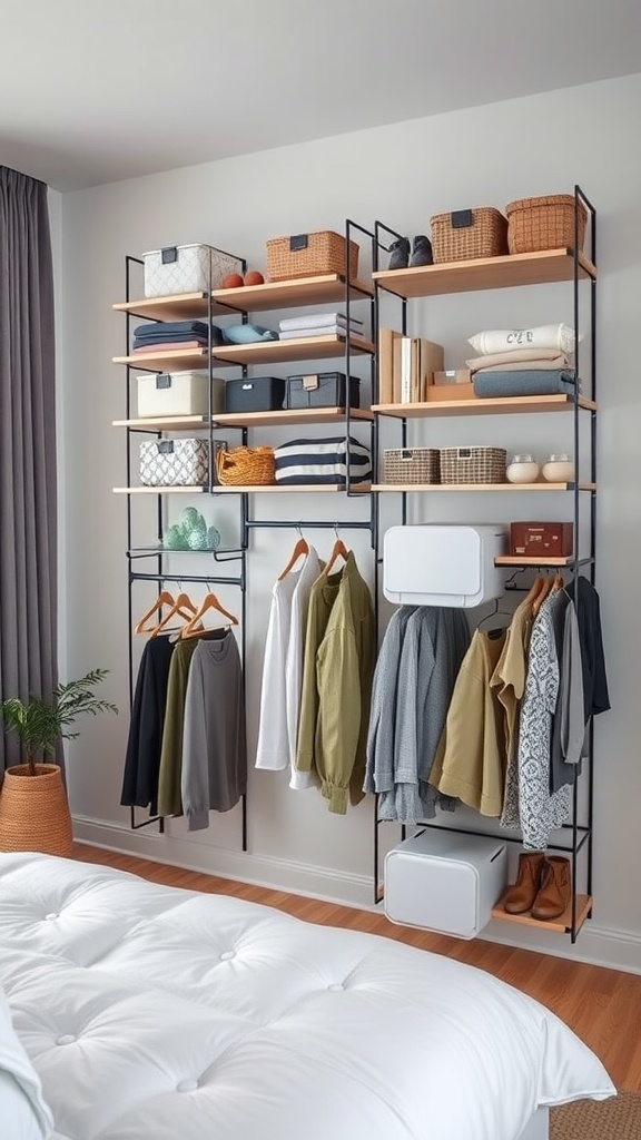 A modern bedroom featuring a vertical storage unit with clothes, baskets, and decorative items arranged neatly.