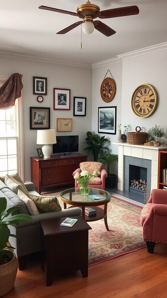A cozy living room featuring vintage decor, framed artwork, a classic clock, and plants.