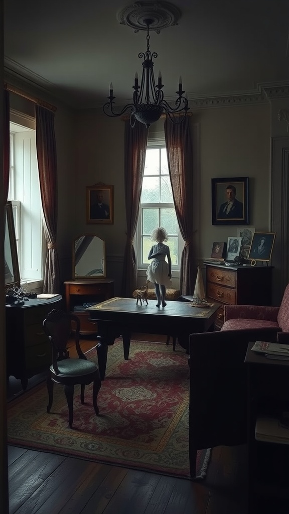 A moody vintage bedroom with dark furniture, a chandelier, and vintage portraits on the walls.