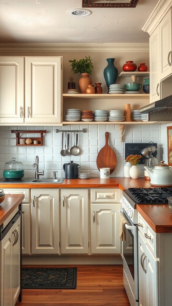 A cozy kitchen featuring modern cabinetry, vintage pottery on open shelves, and warm wooden countertops.