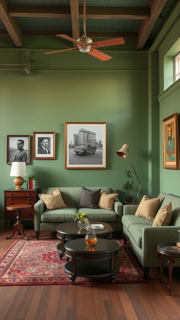 A vintage-inspired green living room with cozy sofas, framed photographs, and warm lighting.