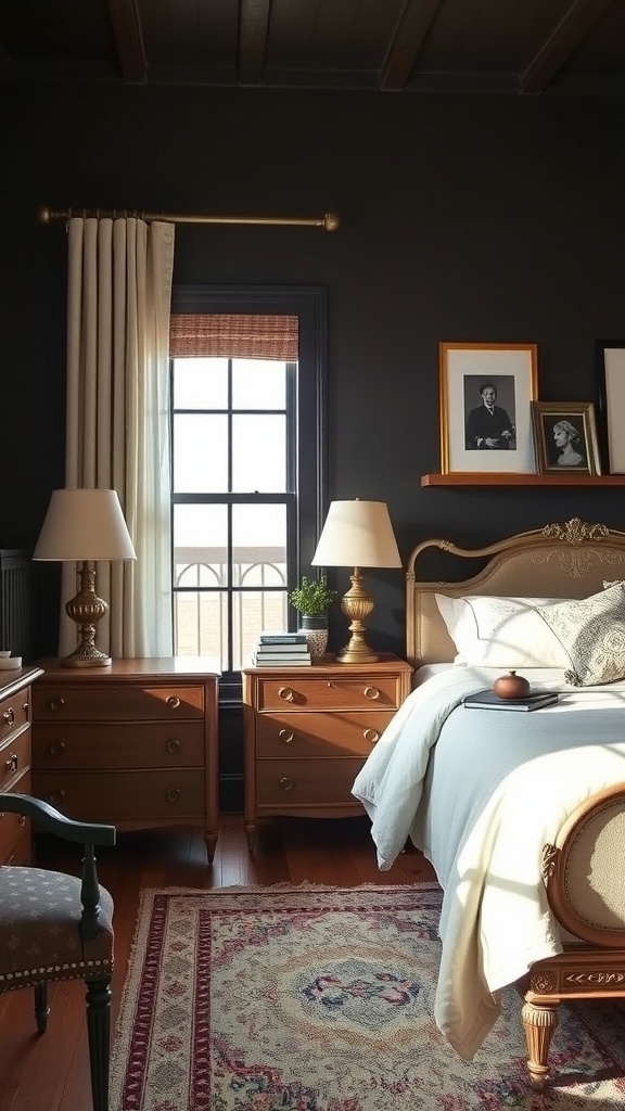 A cozy modern bedroom featuring vintage furniture and decor.