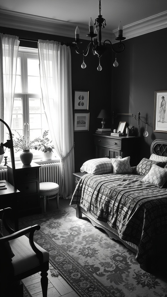 A cozy black and white bedroom featuring vintage furniture and decor.