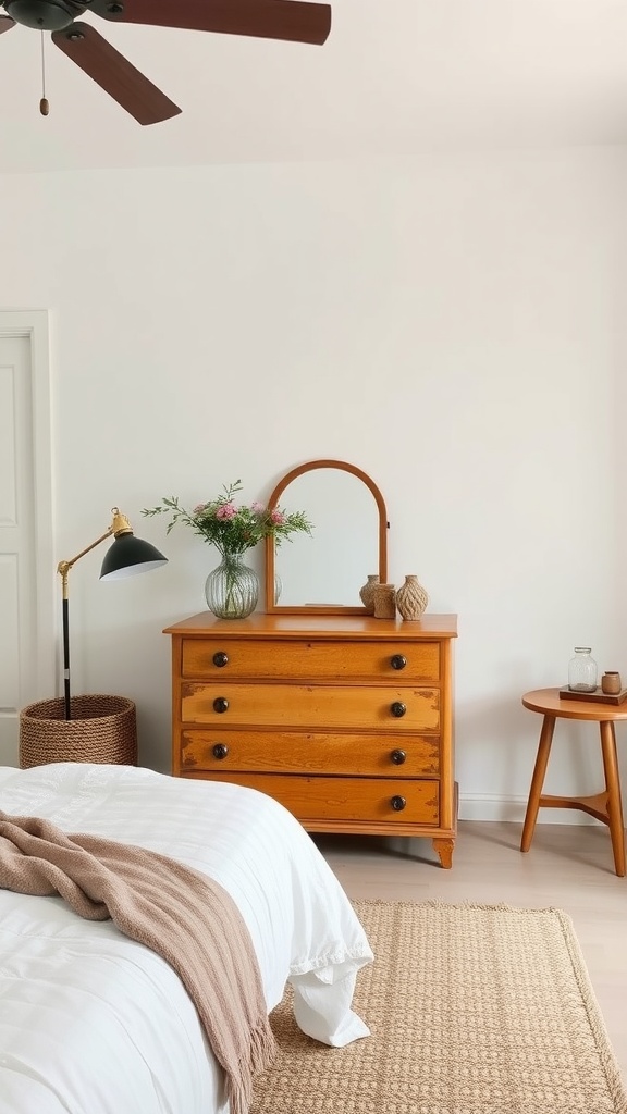 A minimal boho bedroom featuring a wooden dresser with a mirror, a vintage lamp, and neutral bedding.