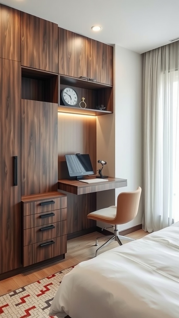 A modern small bedroom featuring a wall-mounted desk with wooden cabinetry, a chair, and a small clock.