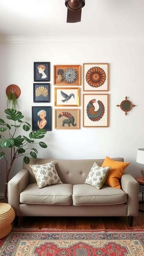 Gallery wall of framed art pieces above a cozy couch in a small living room.