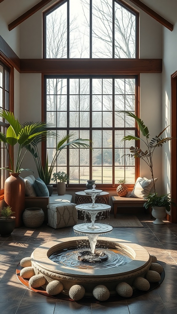 A serene indoor space featuring a multi-tiered fountain, surrounded by plants and cozy seating, with large windows allowing sunlight in.