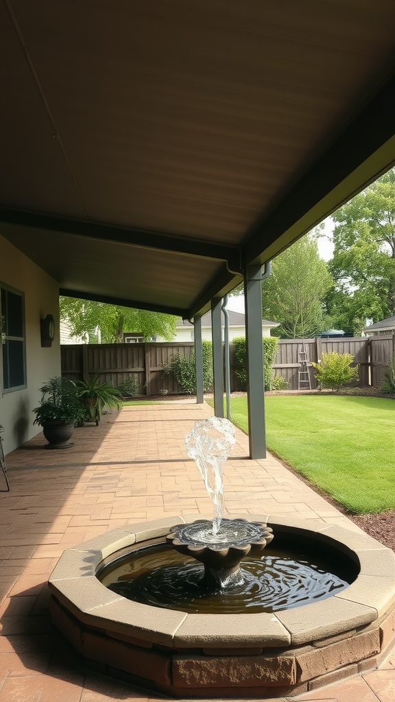 A covered patio featuring a small fountain in a stone basin, surrounded by greenery and a well-maintained lawn.