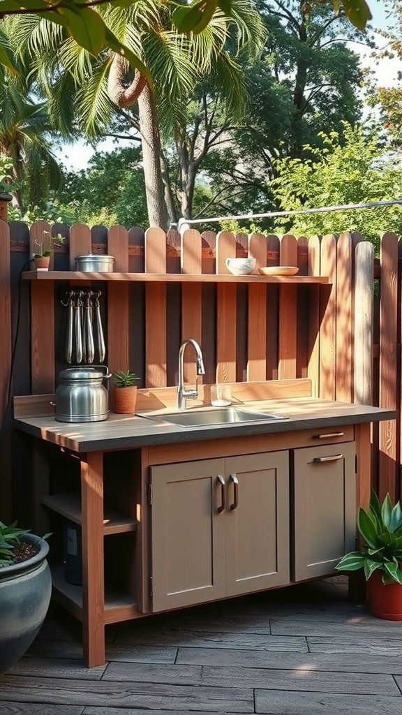 An outdoor kitchen featuring a countertop sink, wooden shelves, and plants, surrounded by greenery.