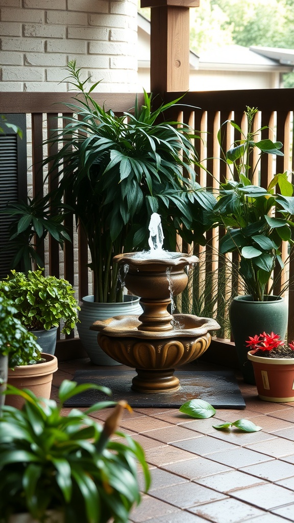 A decorative fountain surrounded by various potted plants on a back porch patio.