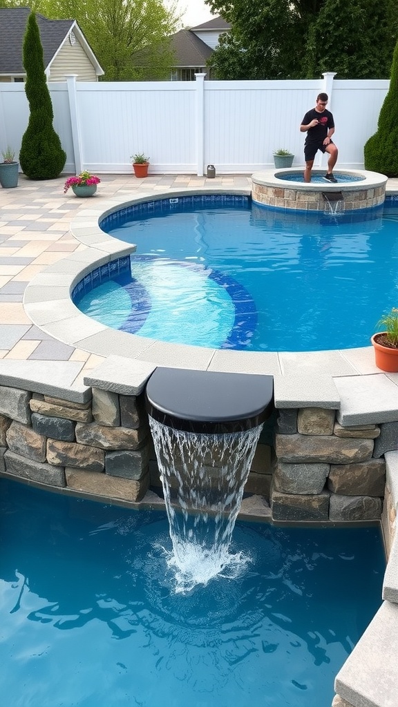 An above-ground pool with a waterfall feature and stonework, surrounded by plants.