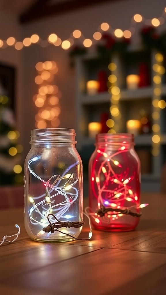 Two Mason jars filled with colorful lights, one red and one white, creating a festive atmosphere.