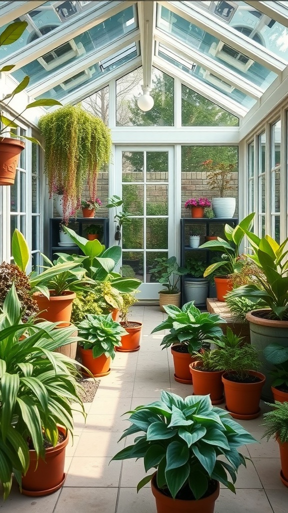 Indoor garden in a sunroom with various plants in terracotta pots and glass roof.