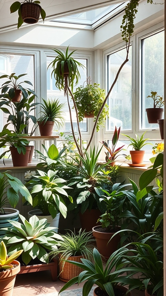 Indoor garden in a sunroom filled with various potted plants and natural light
