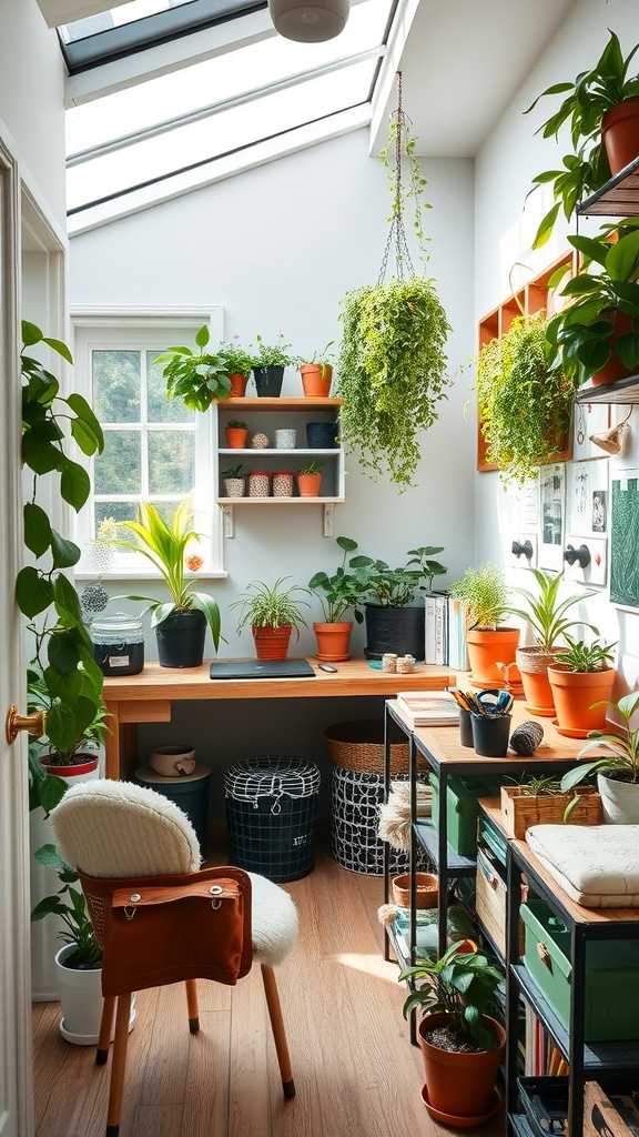A cozy indoor gardening space filled with various potted plants, a wooden desk, and natural light.