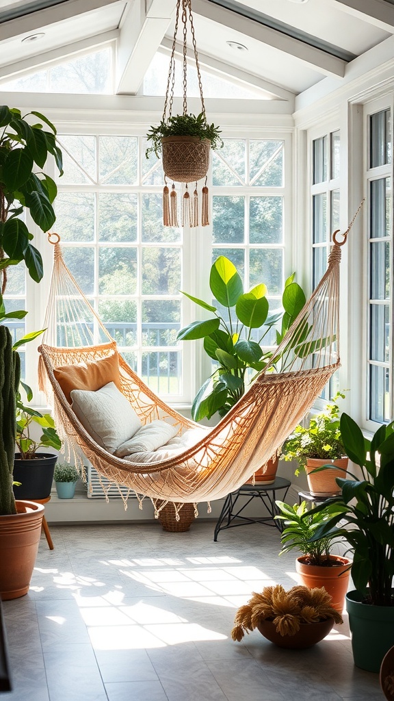 A cozy indoor hammock in a sunroom surrounded by plants.