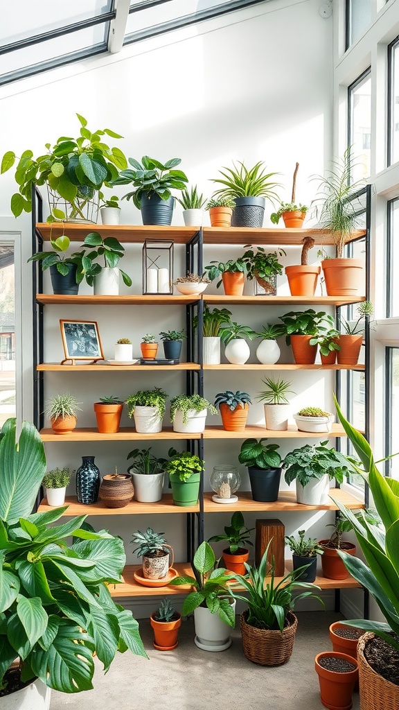 Indoor plant display shelves with various plants in pots