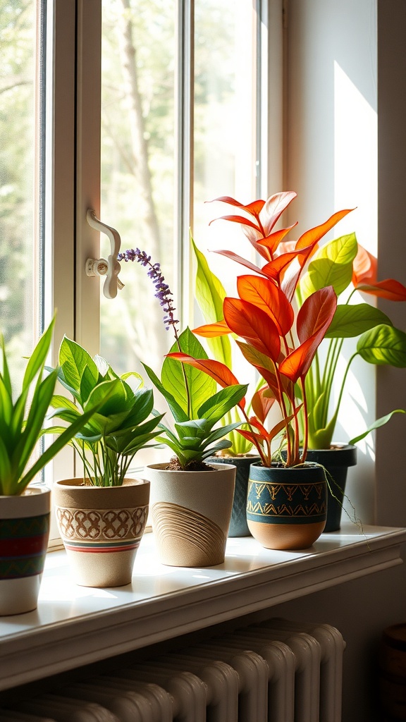 A collection of indoor plants in decorative pots on a windowsill, showcasing green leaves and vibrant colors.
