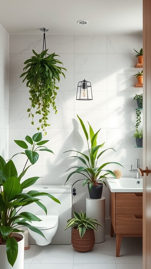 A modern bathroom featuring various indoor plants, including a hanging plant, with a sleek toilet and stylish sink.