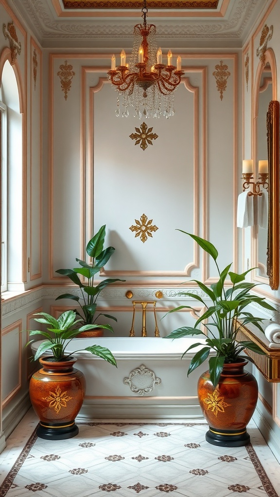 A luxurious bathroom featuring tall indoor plants in ornate pots, under a chandelier, giving a royal aesthetic.