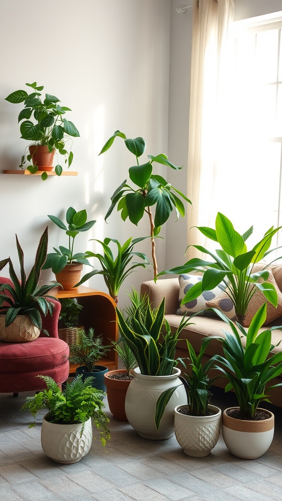 A cozy living room featuring various indoor plants in different decorative pots, with sunlight streaming in through a large window.