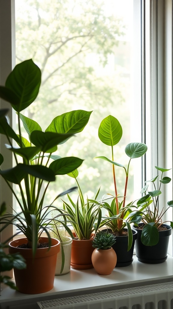 A collection of indoor plants on a window sill, showcasing various shapes and sizes.