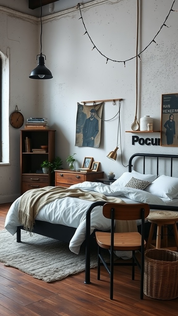 A stylish industrial bedroom featuring a black metal bed frame, wooden furniture, and warm lighting.