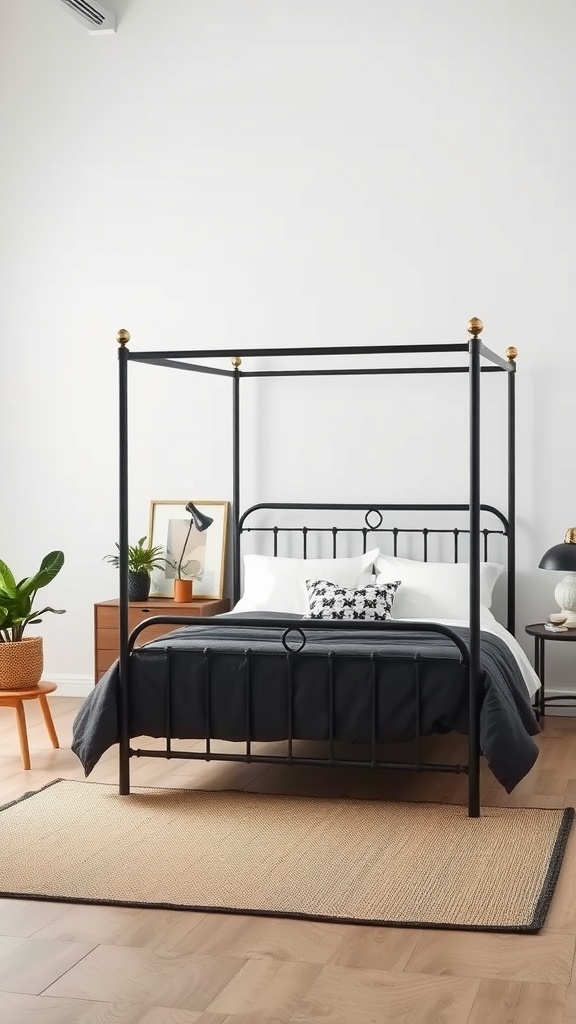 Industrial black canopy bed with a metal frame in a stylish bedroom setting.
