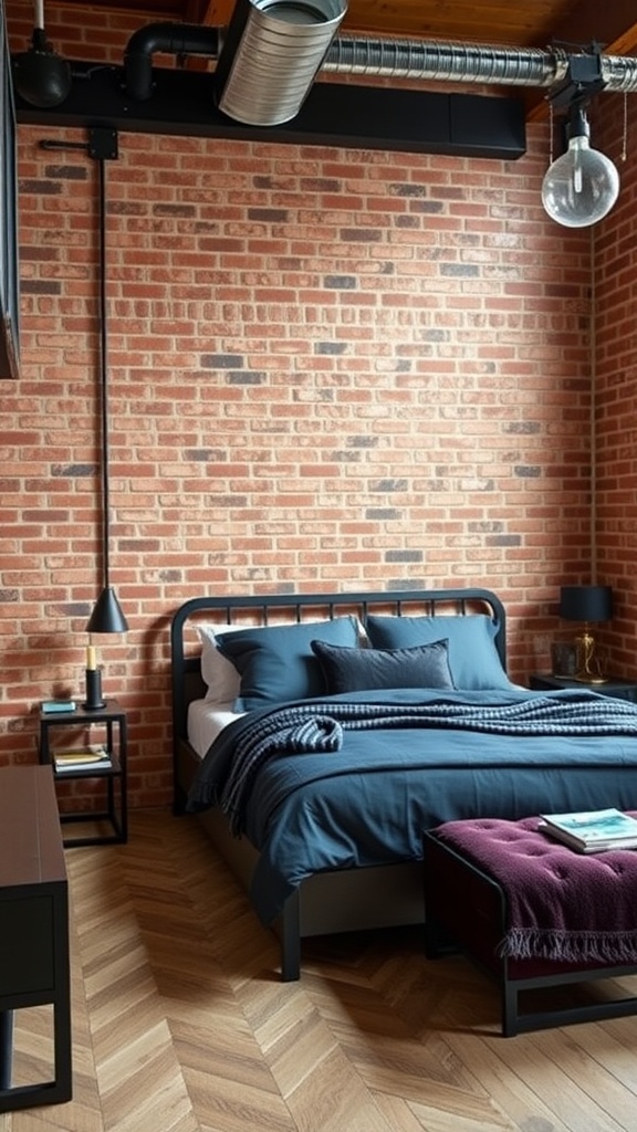 A stylish industrial chic bedroom featuring a brick wall, black metal bed frame, and modern decor.