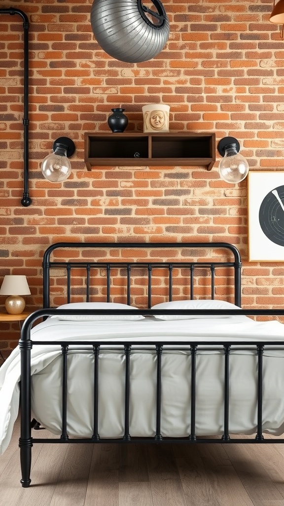 A stylish black iron bed frame against a brick wall, featuring modern lighting and decorative elements.